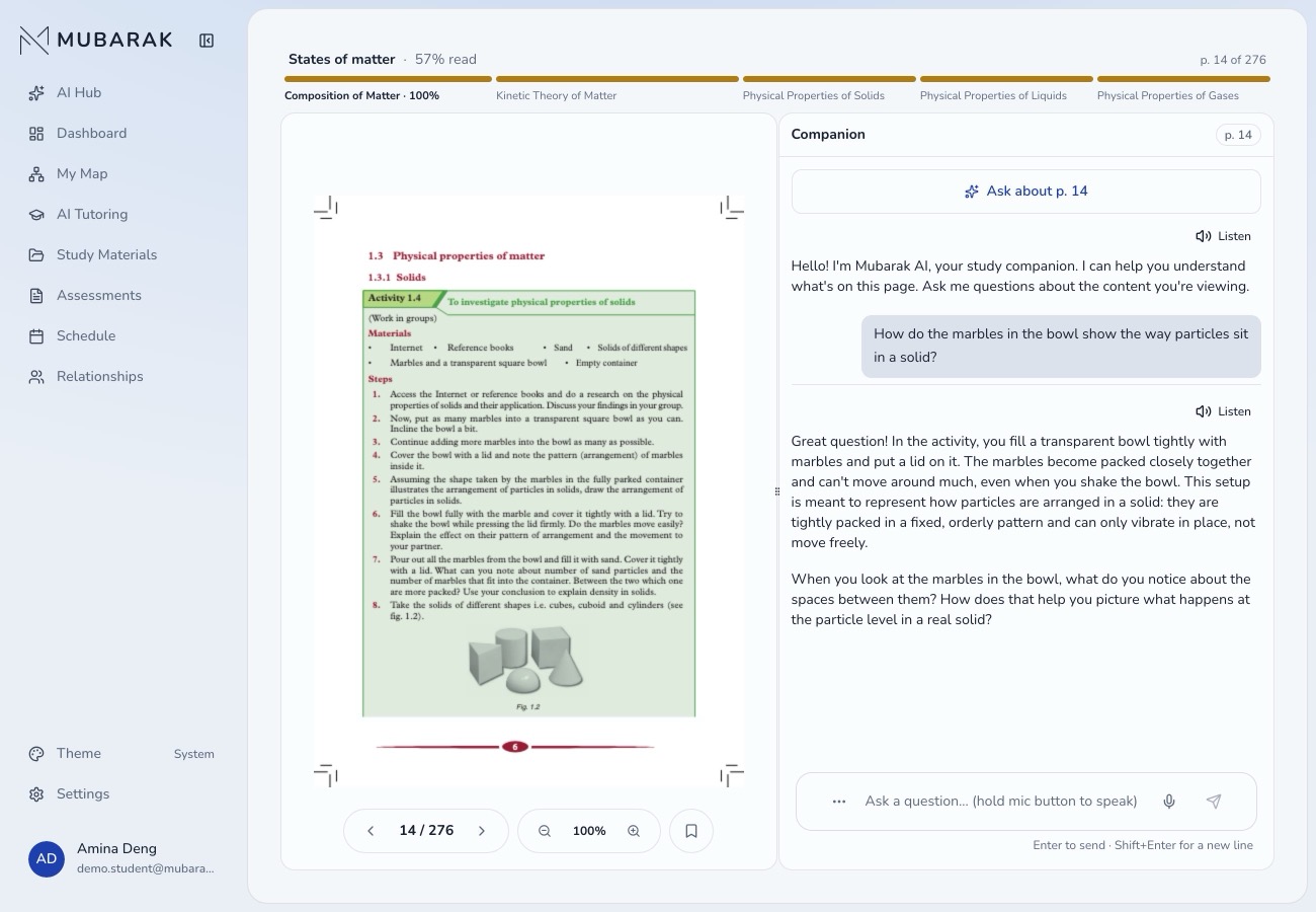 Mubarak study viewer showing a physics textbook and the AI companion beside it