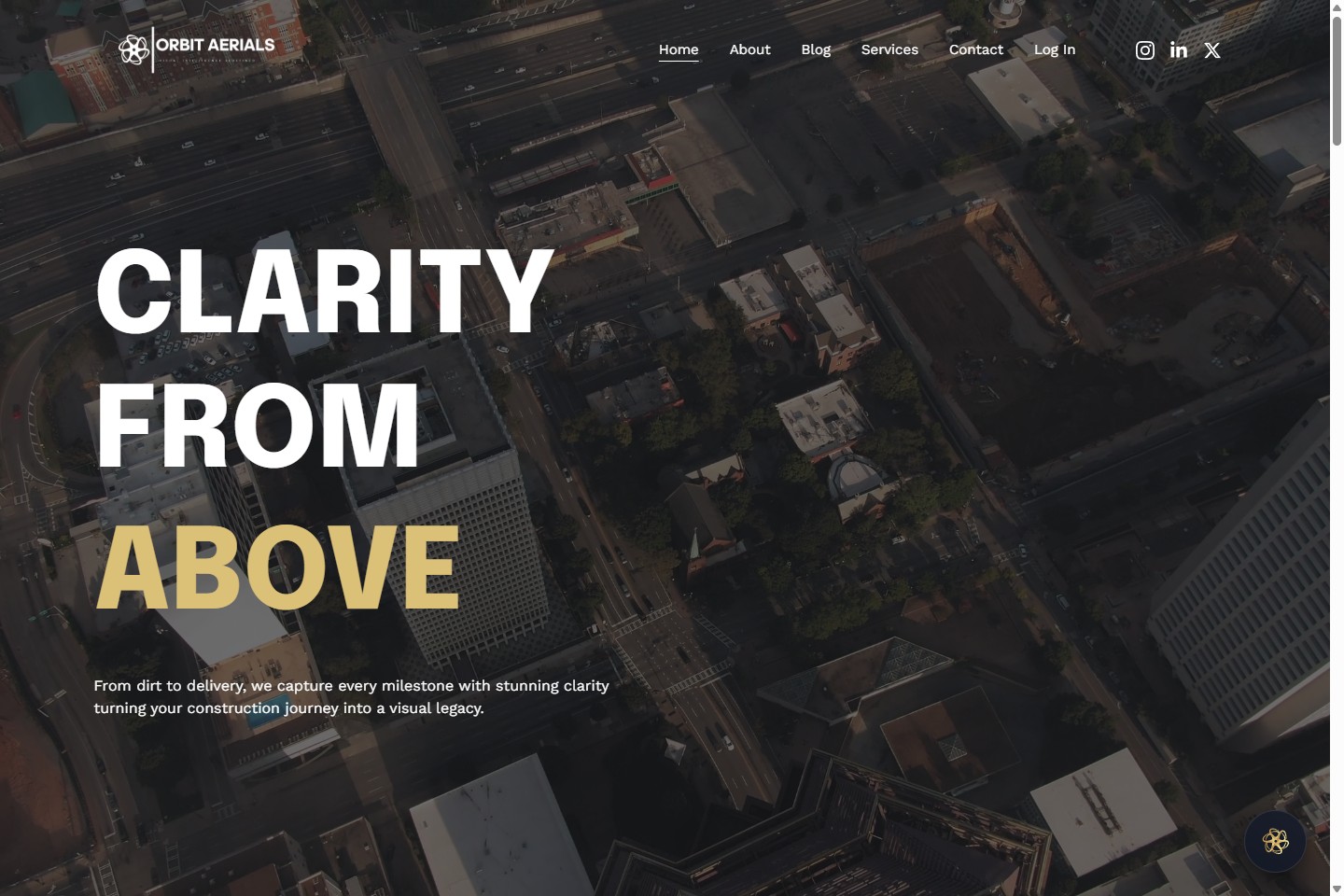 Orbit Aerials website showing an aerial city view and its Clarity from Above headline