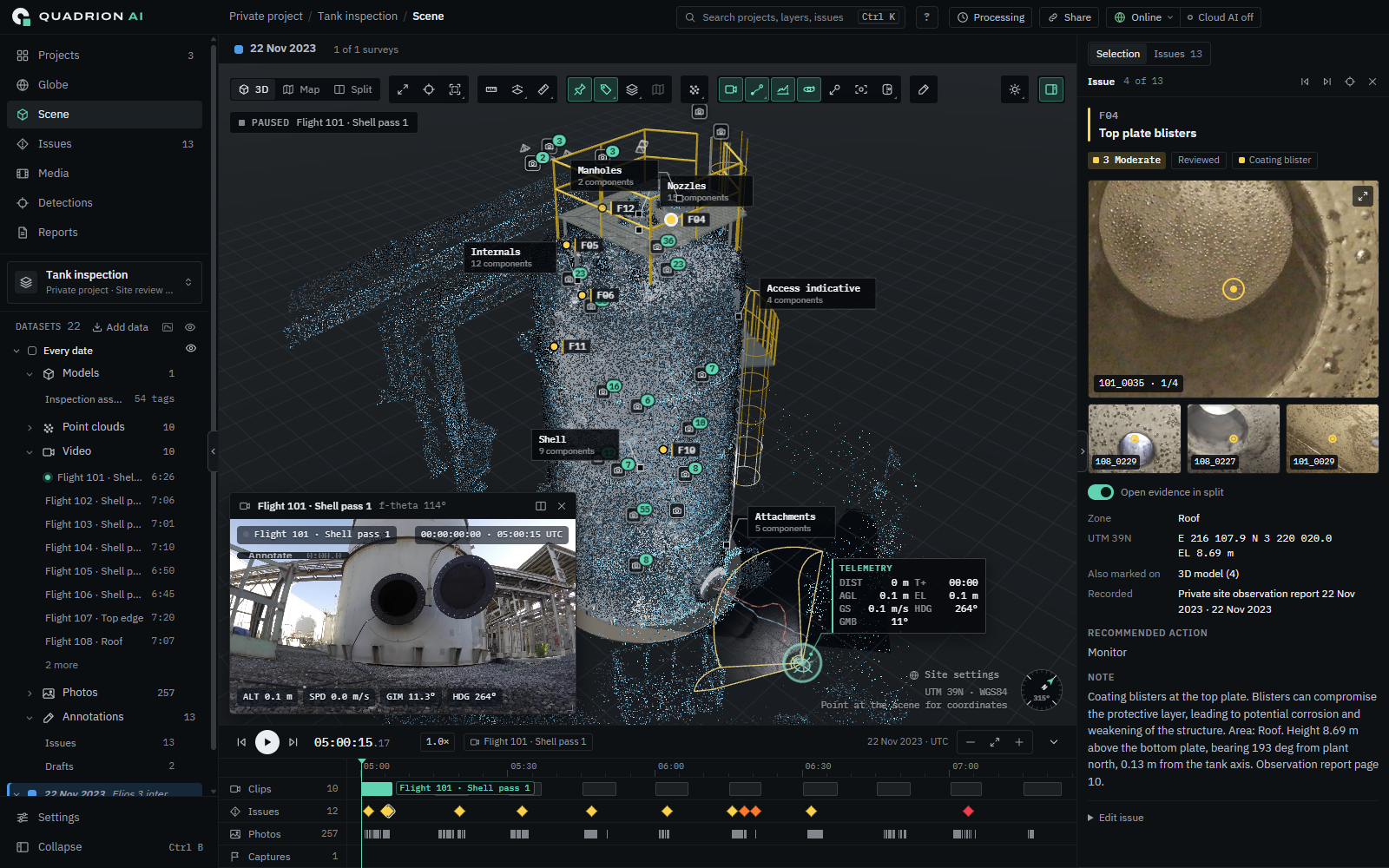 Quadrion tank inspection project with a 3D asset, point cloud, drone video and linked inspection evidence; identifying names withheld
